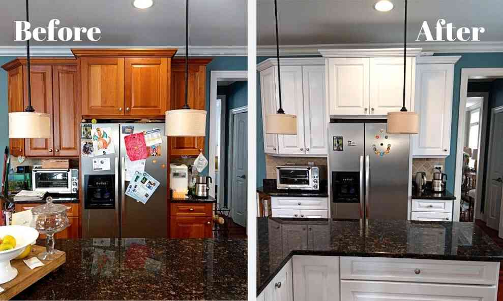 The image shows a before and after of refinished kitchen cabinets over a modern chrome fridge, the before shows light brown wood cabinets and the after shows white cabinets.